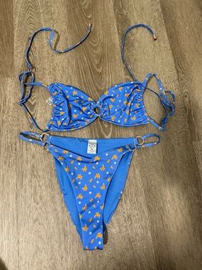 Lounge Blue Floral Ring-Detail Women's Bikini Set